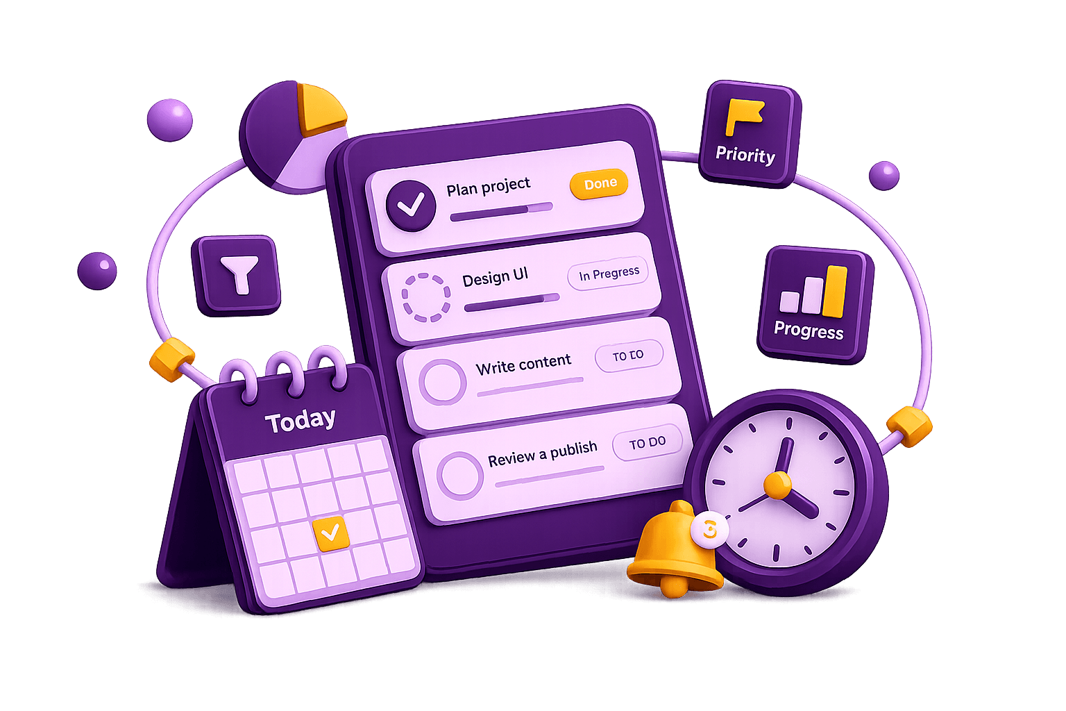 Task board with calendar, priorities, and progress